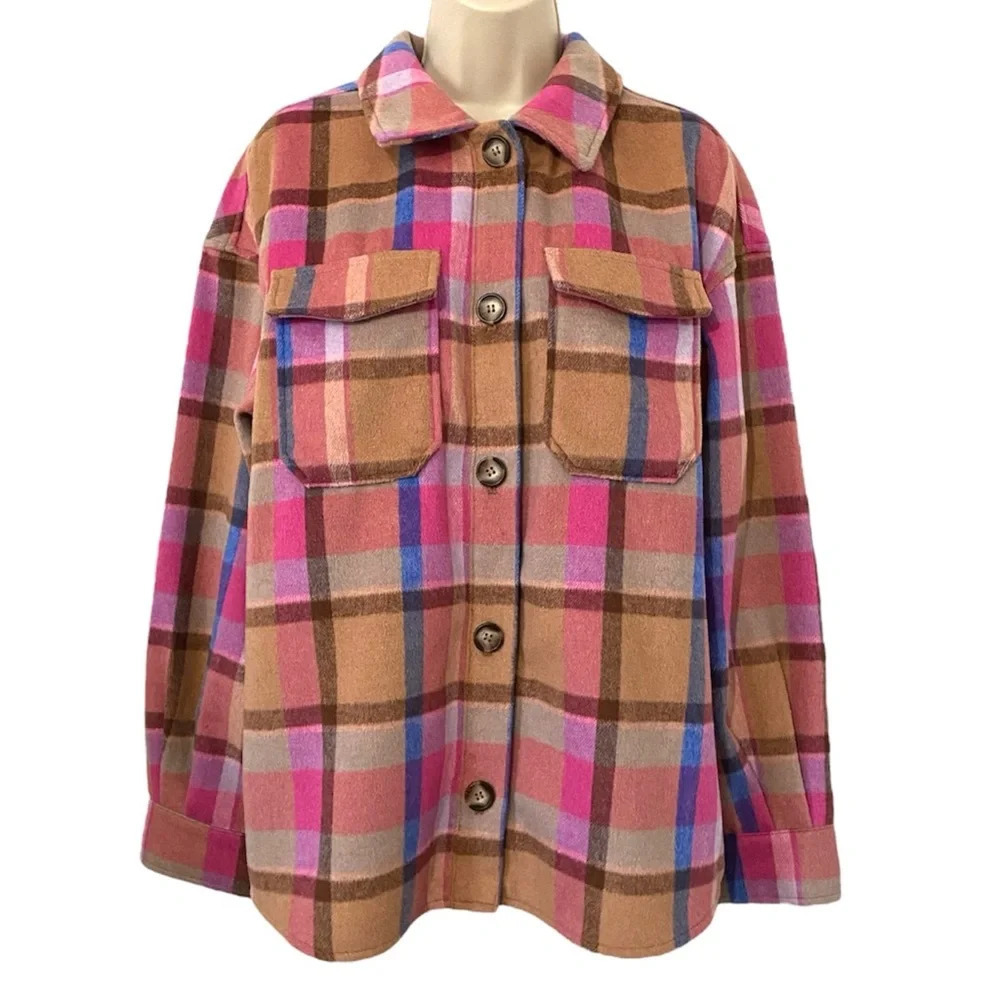 Avec Les Filles Plaid Shacket Pink Tan Shirt Jacket